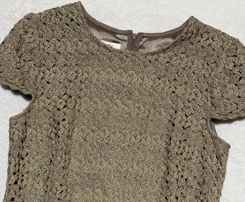 Suzi Chin for Maggy Boutique Lace Sheath Dress Womens 4 Taupe Short Sleeve